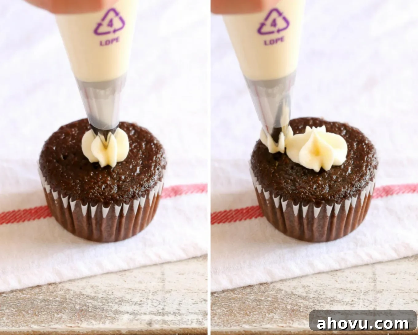Starting a cupcake swirl with a central dot of frosting