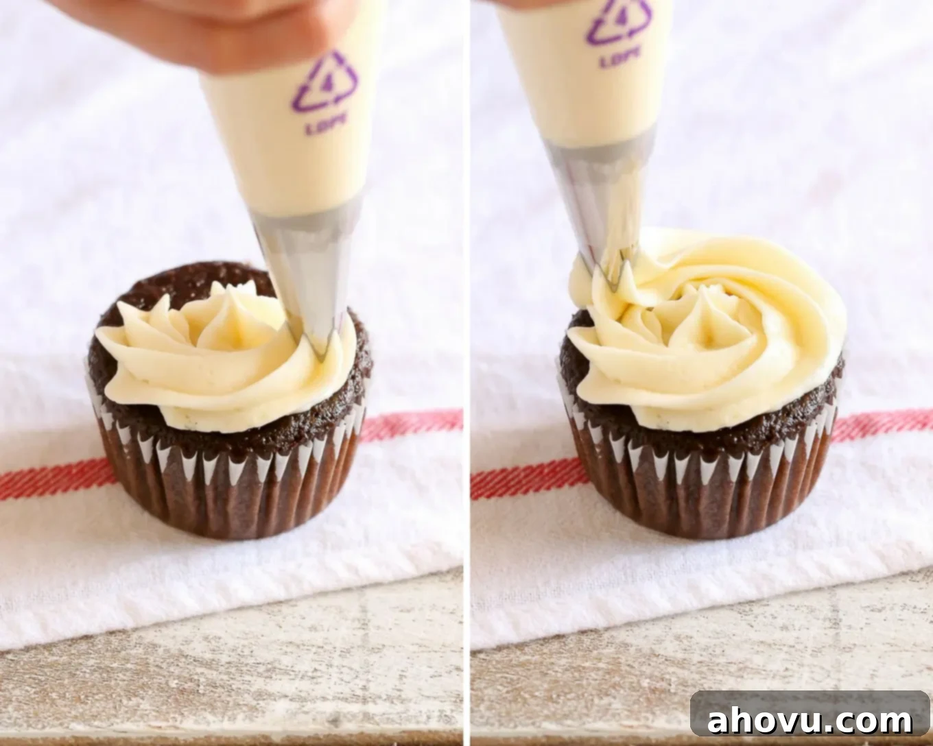 Piping the first outer circle for a cupcake swirl