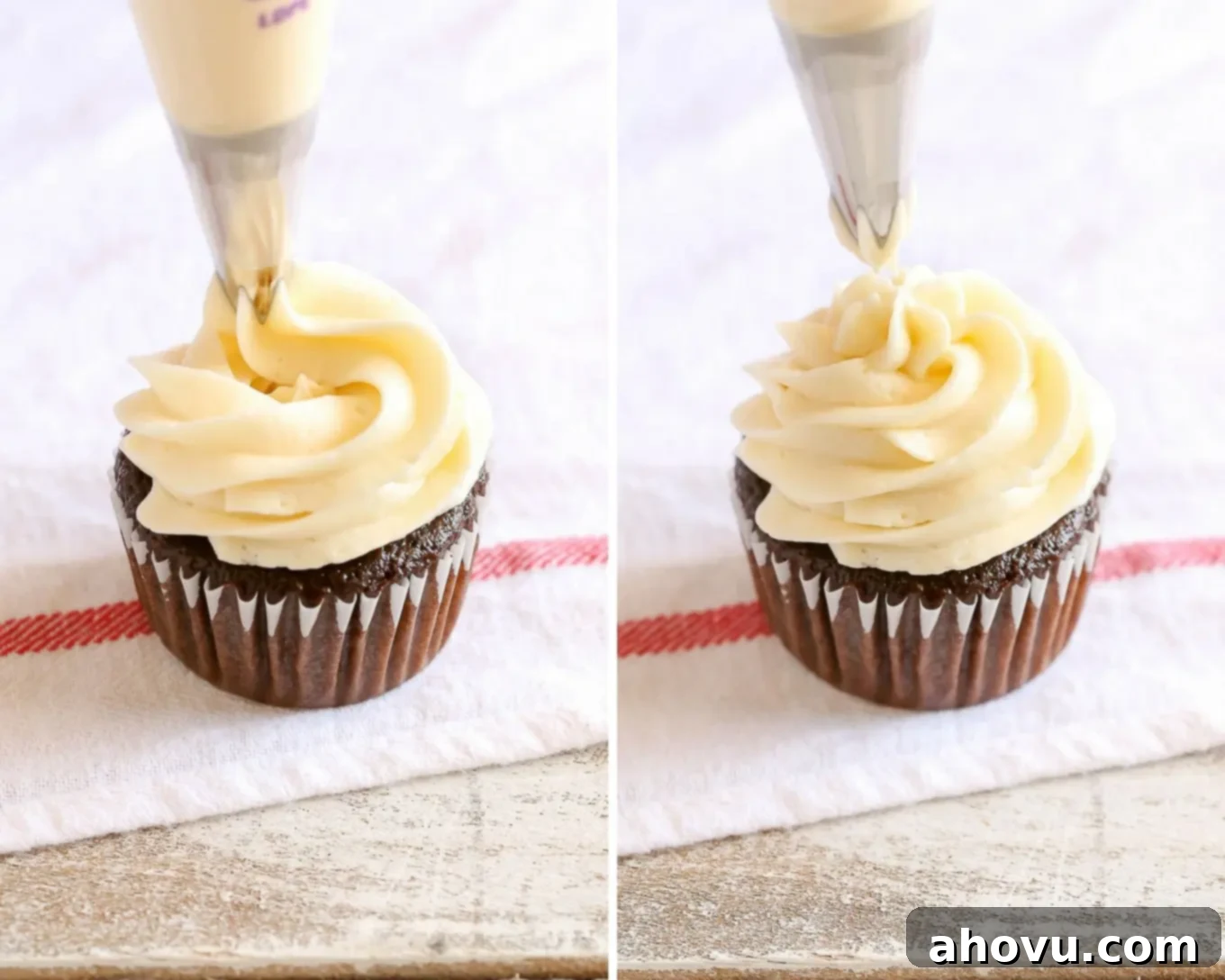 Building layers of frosting to create a tall swirl on a cupcake
