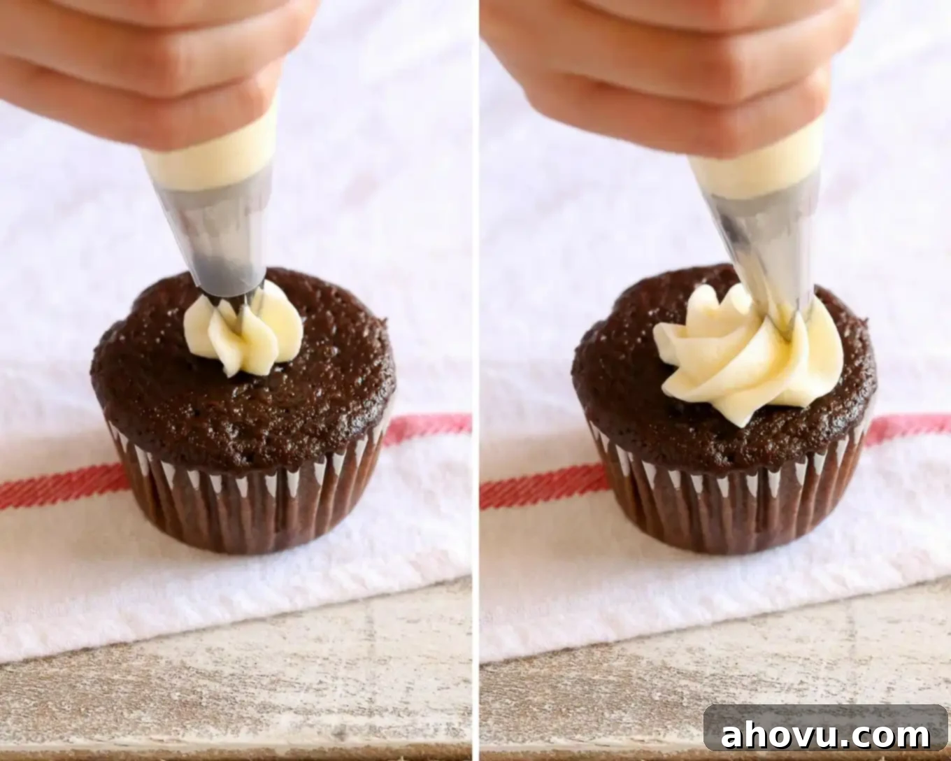 Starting a buttercream rose by piping a central dot on a cupcake