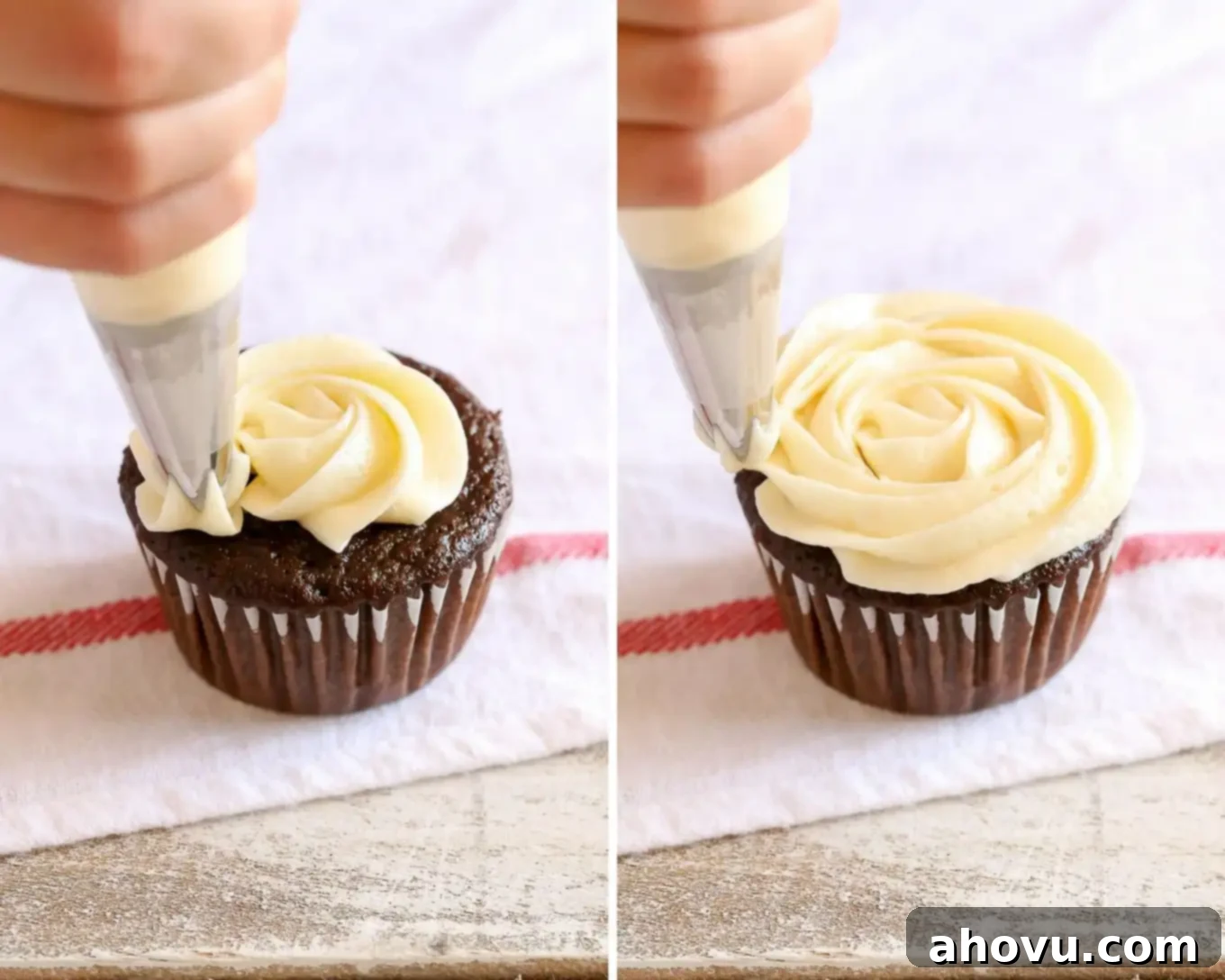 Piping continuous circles outwards to form a buttercream rose on a cupcake