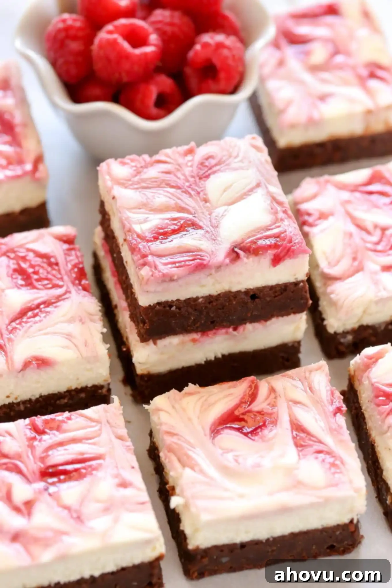 A fudgy brownie base topped with a smooth and creamy cheesecake layer and a raspberry swirl. These Raspberry Cheesecake Brownies make a beautiful dessert for any occasion!