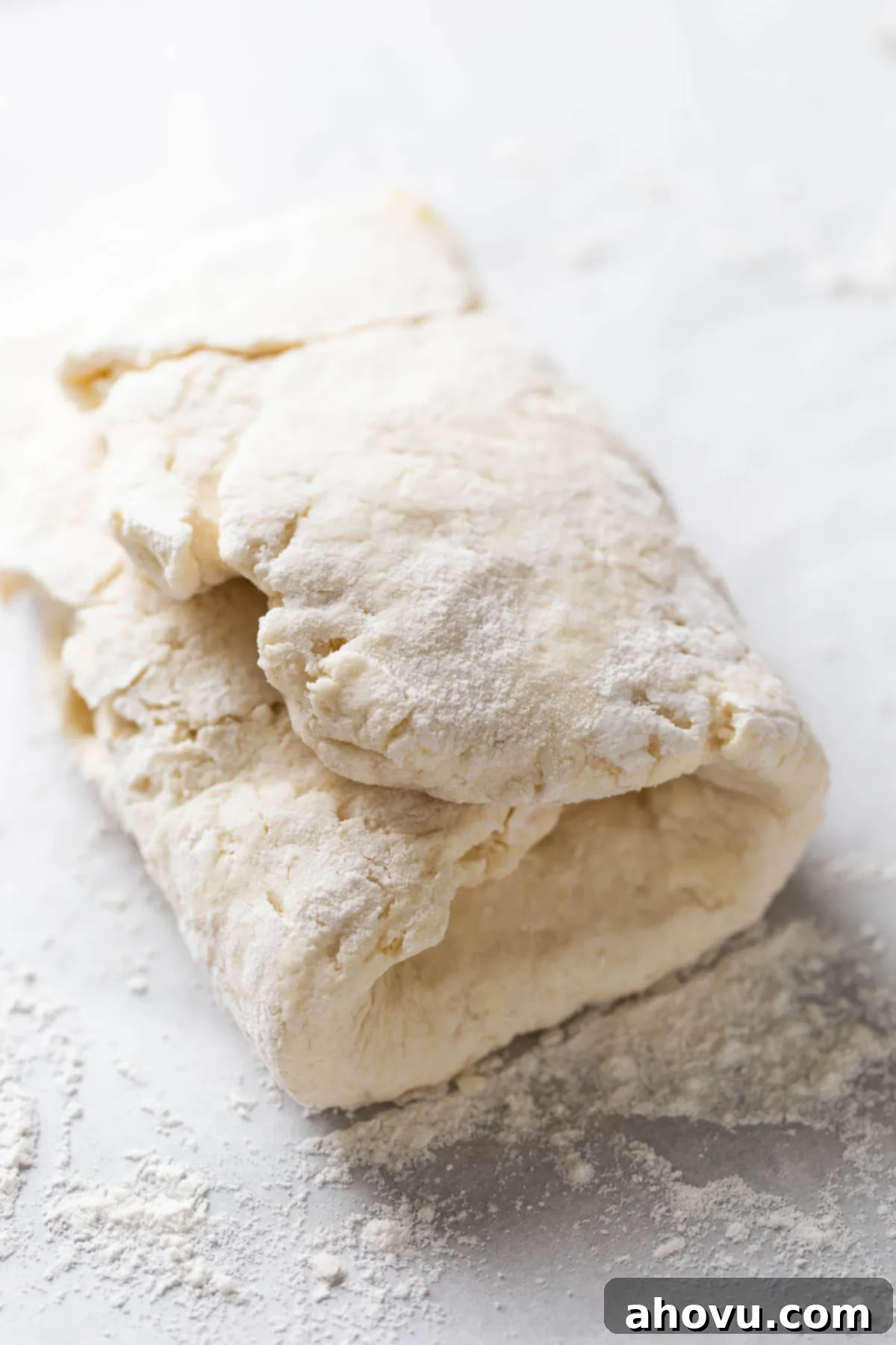 Raw biscuit dough that's been folded into thirds.