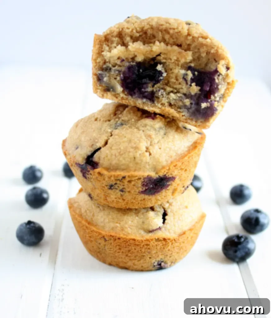 A beautifully composed stack of three homemade whole wheat blueberry muffins, with the top muffin revealing a delicious bite missing, showing its fluffy interior and embedded blueberries.