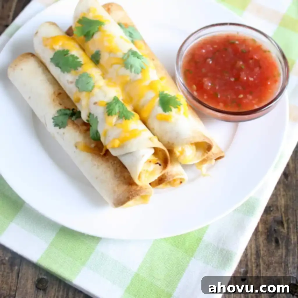 Overhead view of five baked chicken and cheese taquitos on a white plate with a dish of salsa. 