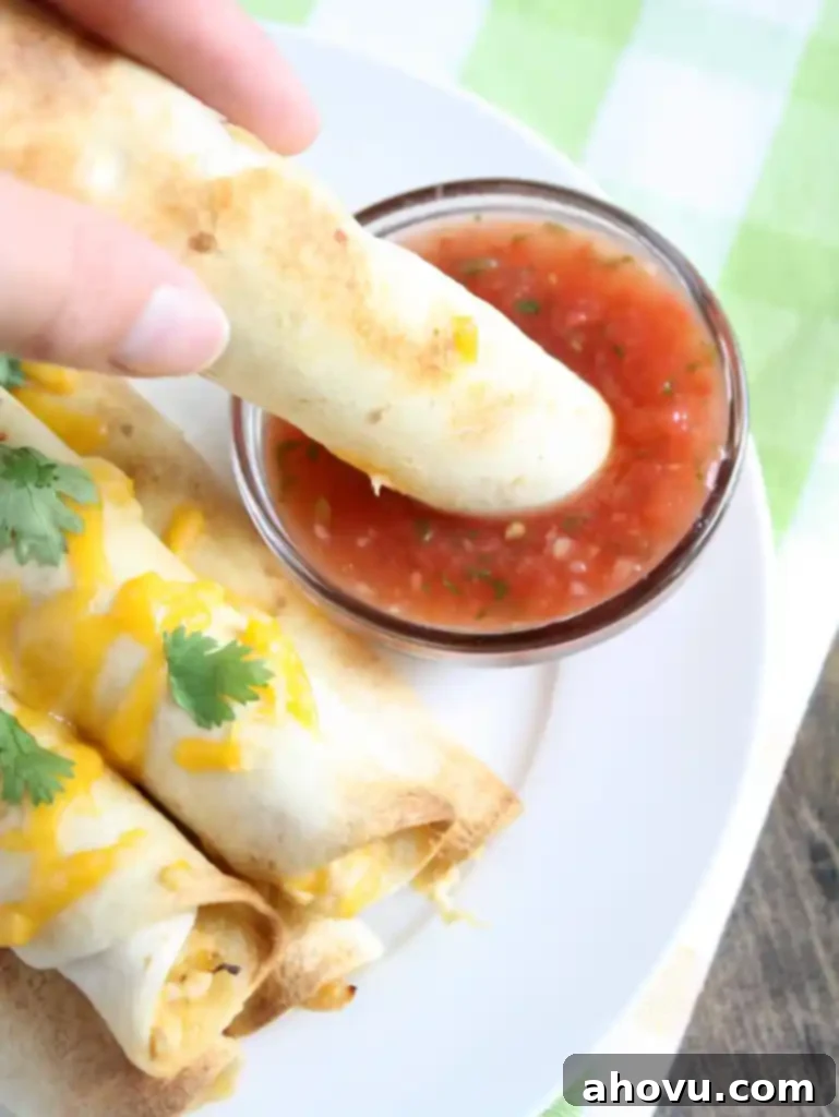 A chicken cream cheese taquito being dunked into a dish of salsa. 