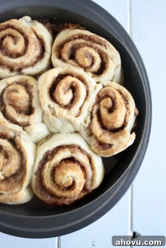Unfrosted no yeast cinnamon rolls in a round baking pan. 
