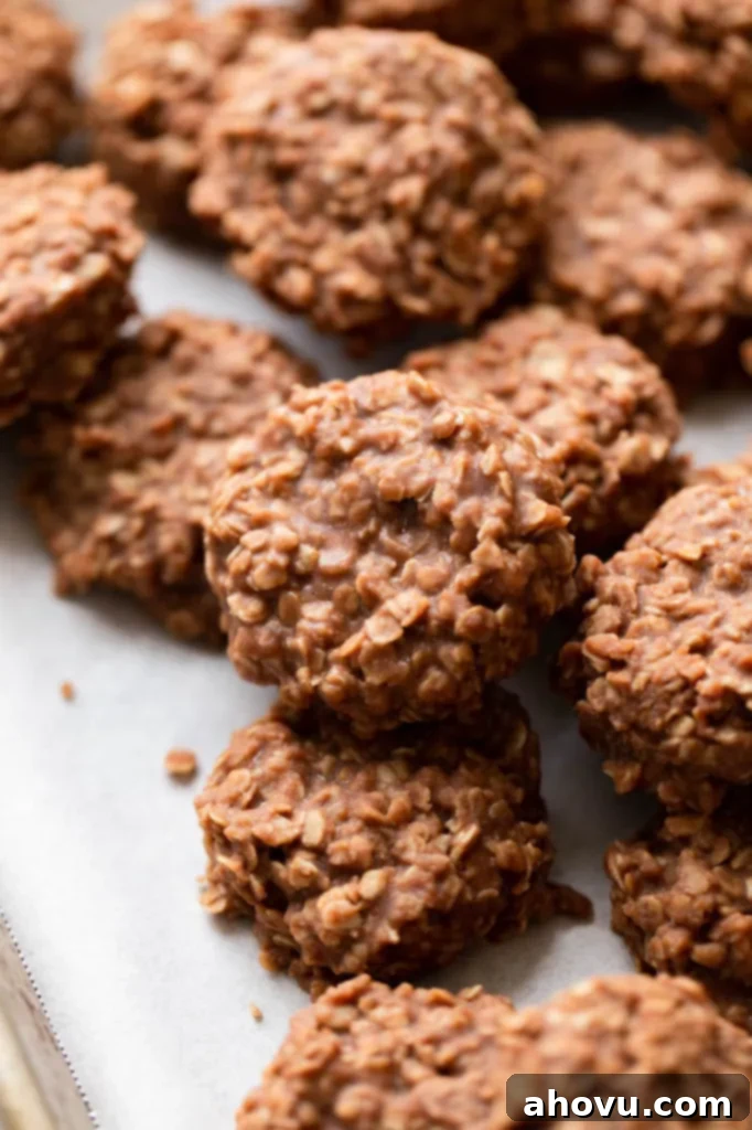 Several classic no-bake cookies, featuring peanut butter, chocolate, and oats, arranged neatly on a piece of parchment paper, ready to be enjoyed.