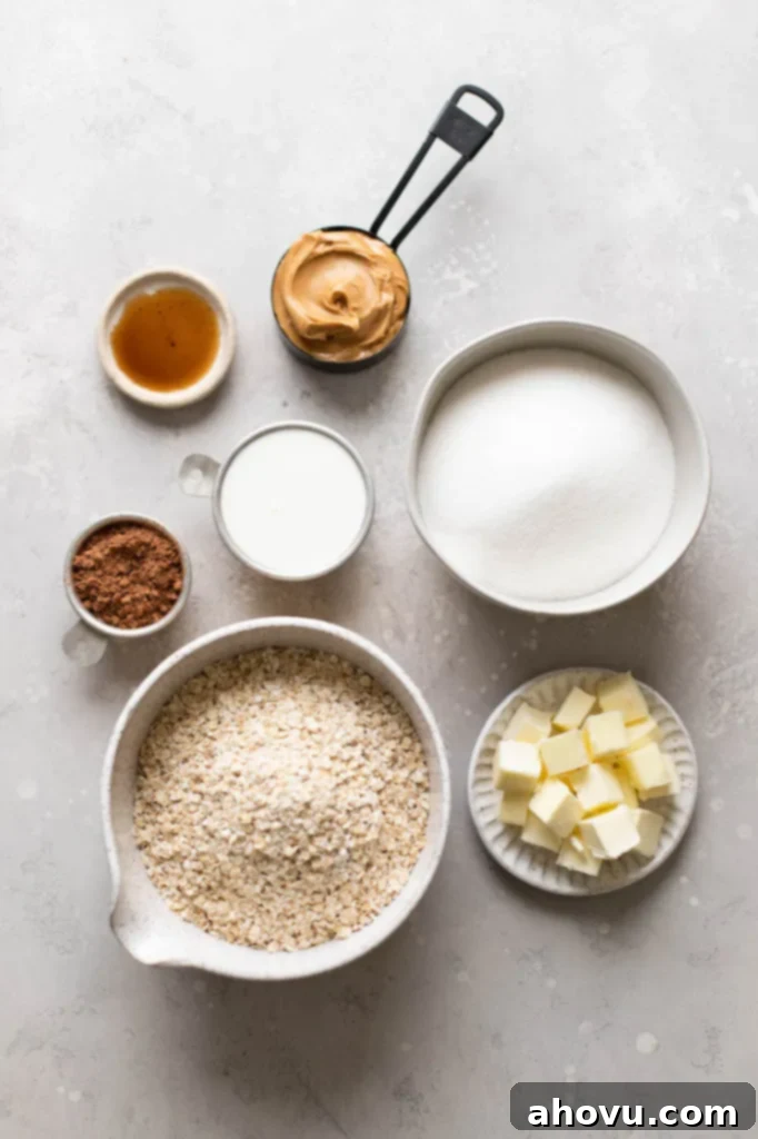The essential ingredients laid out for classic no-bake cookies, including butter, sugar, milk, cocoa powder, peanut butter, vanilla extract, and quick-cooking oats, displayed in various bowls and measuring cups on a clean gray surface.