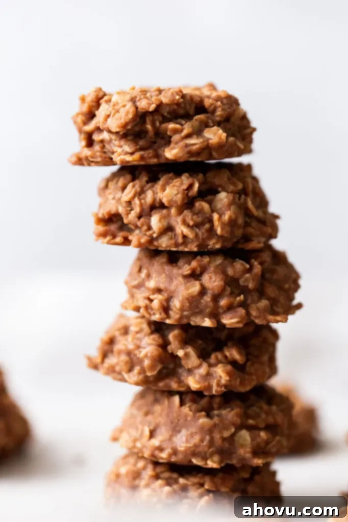 A perfectly stacked pile of several classic chocolate peanut butter no-bake cookies, showcasing their inviting texture and rich color.