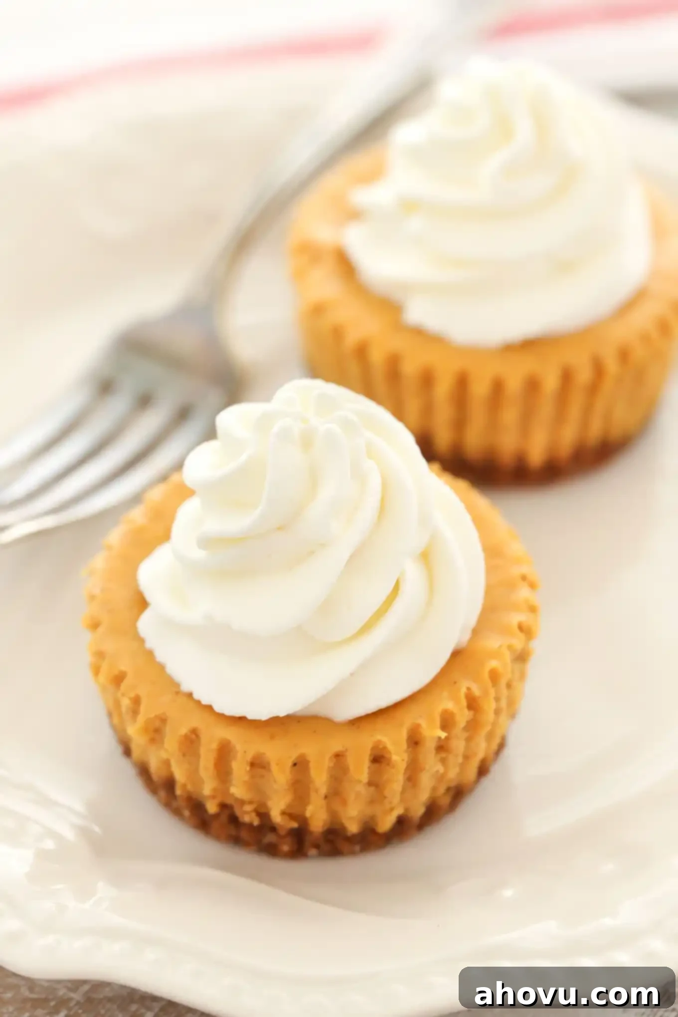These Mini Pumpkin Cheesecakes feature an easy three ingredient gingersnap cookie crust with a smooth and creamy pumpkin cheesecake filling on top. These are the perfect mini dessert for fall!
