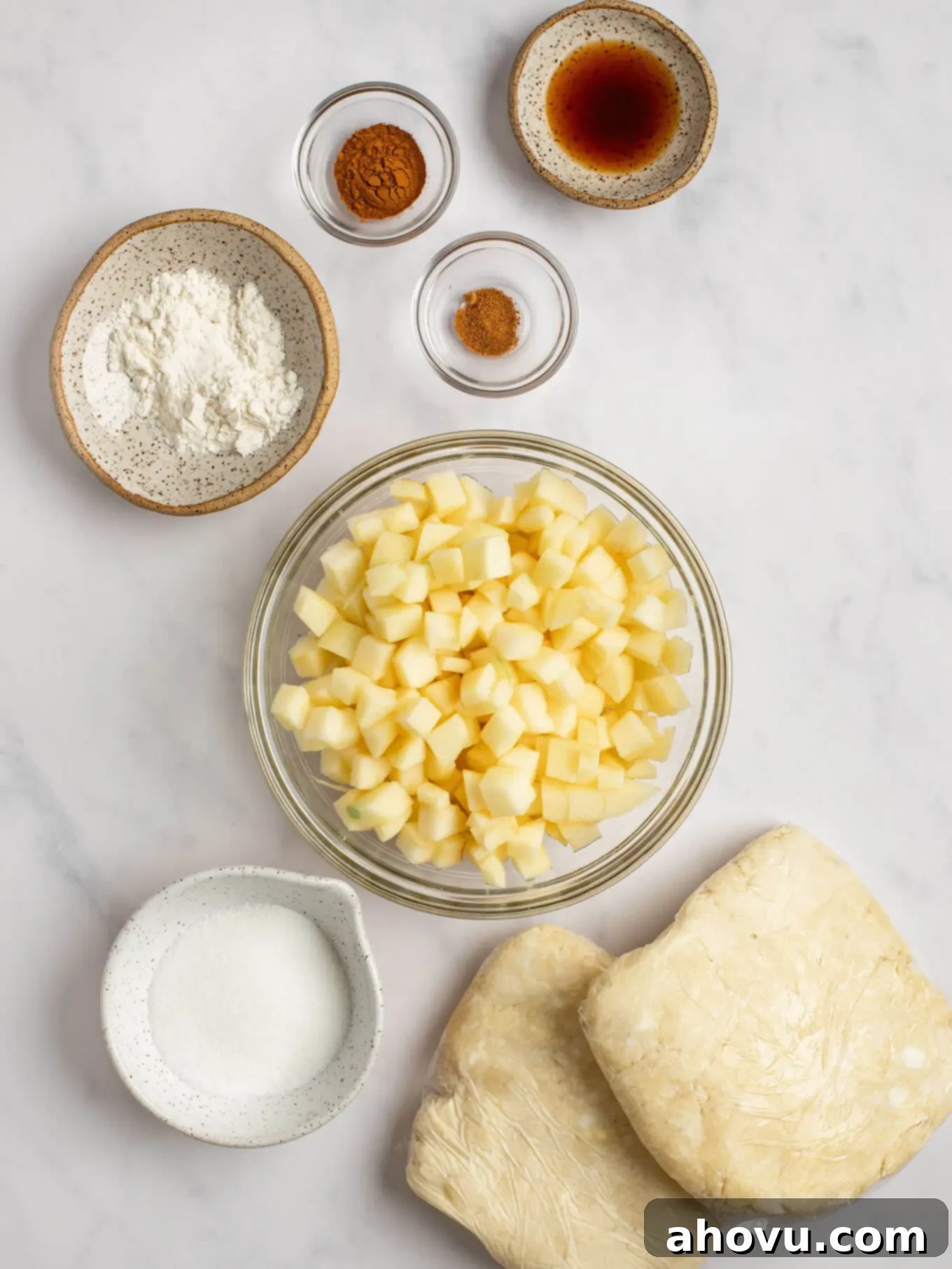 An overhead view of the ingredients for this recipe in various bowls.