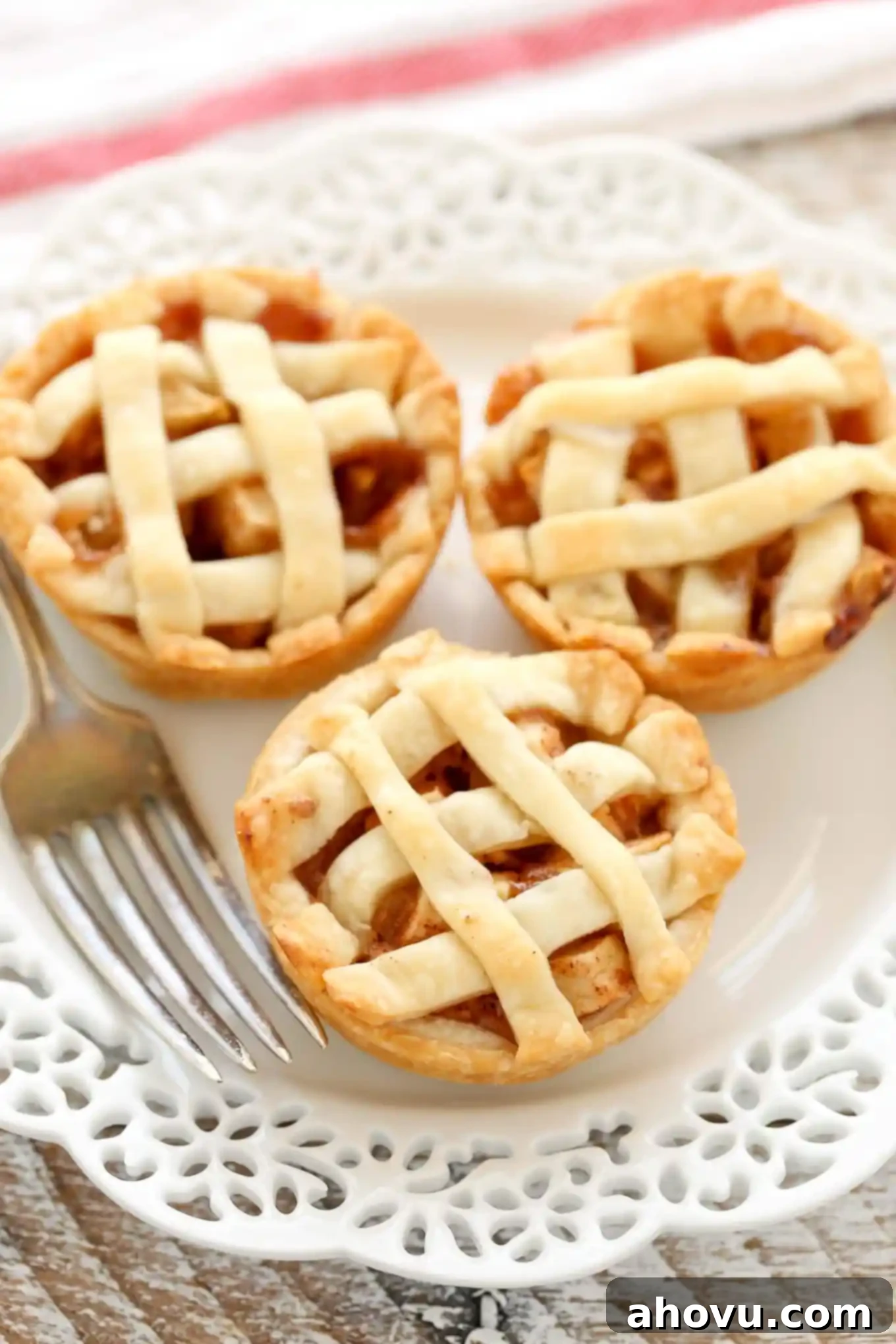 A close up view of three mini apple pies on a white plate.