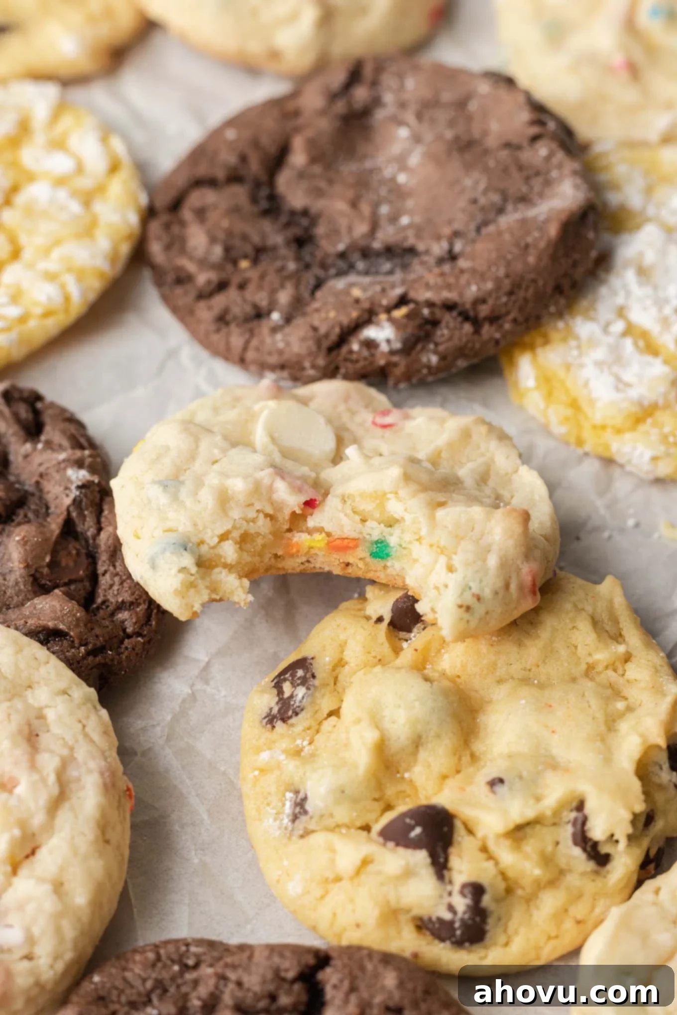 Different flavors of cookies on parchment paper. A vibrant assortment of soft, chewy cake mix cookies, showcasing various colors and toppings, laid out on parchment paper on a baking sheet, ready to be enjoyed.