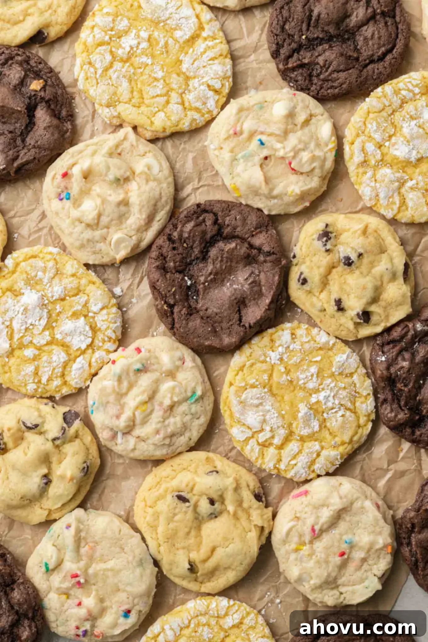 An overhead view of cake mix cookies of all flavors, on parchment paper. A tempting array of freshly baked cake mix cookies, featuring a variety of colors and textures from different flavors and mix-ins, presented beautifully on parchment paper.