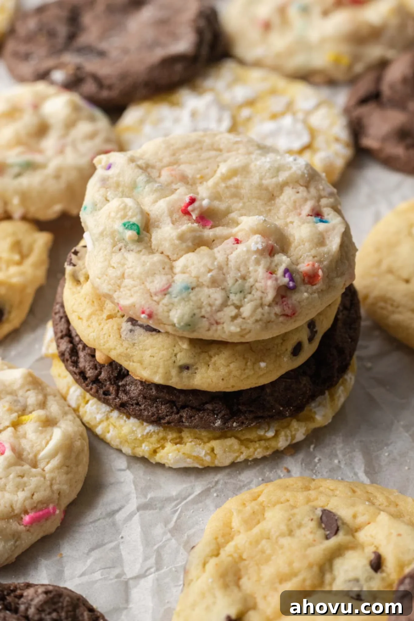 A stack of box cake mix cookies, surrounded by additional cookies. A delectable stack of assorted cake mix cookies, perfectly baked and artfully arranged, promising a delightful tasting experience.