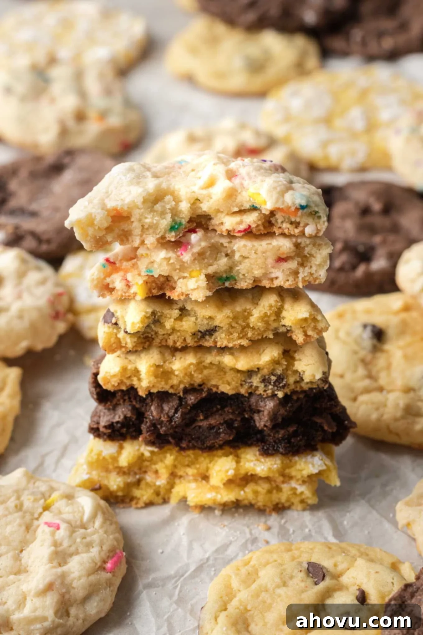 A stack of halved cake batter cookies, surrounded by additional cookies. A delightful arrangement of halved cake mix cookies, revealing their soft, moist interior, surrounded by other whole cookies on a surface.