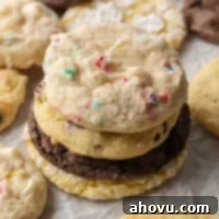 Several different flavors of cake mix cookies stacked on a piece of parchment paper.