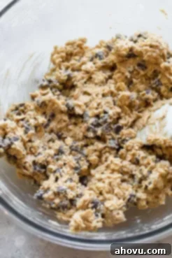 A glass mixing bowl filled with perfectly mixed oatmeal chocolate chip cookie dough, featuring visible oats and chocolate chips, ready for chilling before baking.