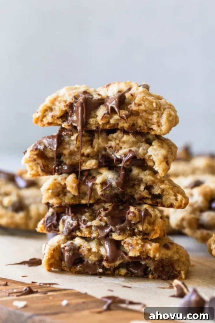 A beautiful stack of soft and chewy oatmeal chocolate chip cookies, with one cookie cut in half to reveal its tender interior and an enticing cascade of melted chocolate down the front, showcasing their deliciousness.