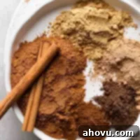 Several different spices separated on a white plate. Two cinnamon sticks rest on top of the ground cinnamon.
