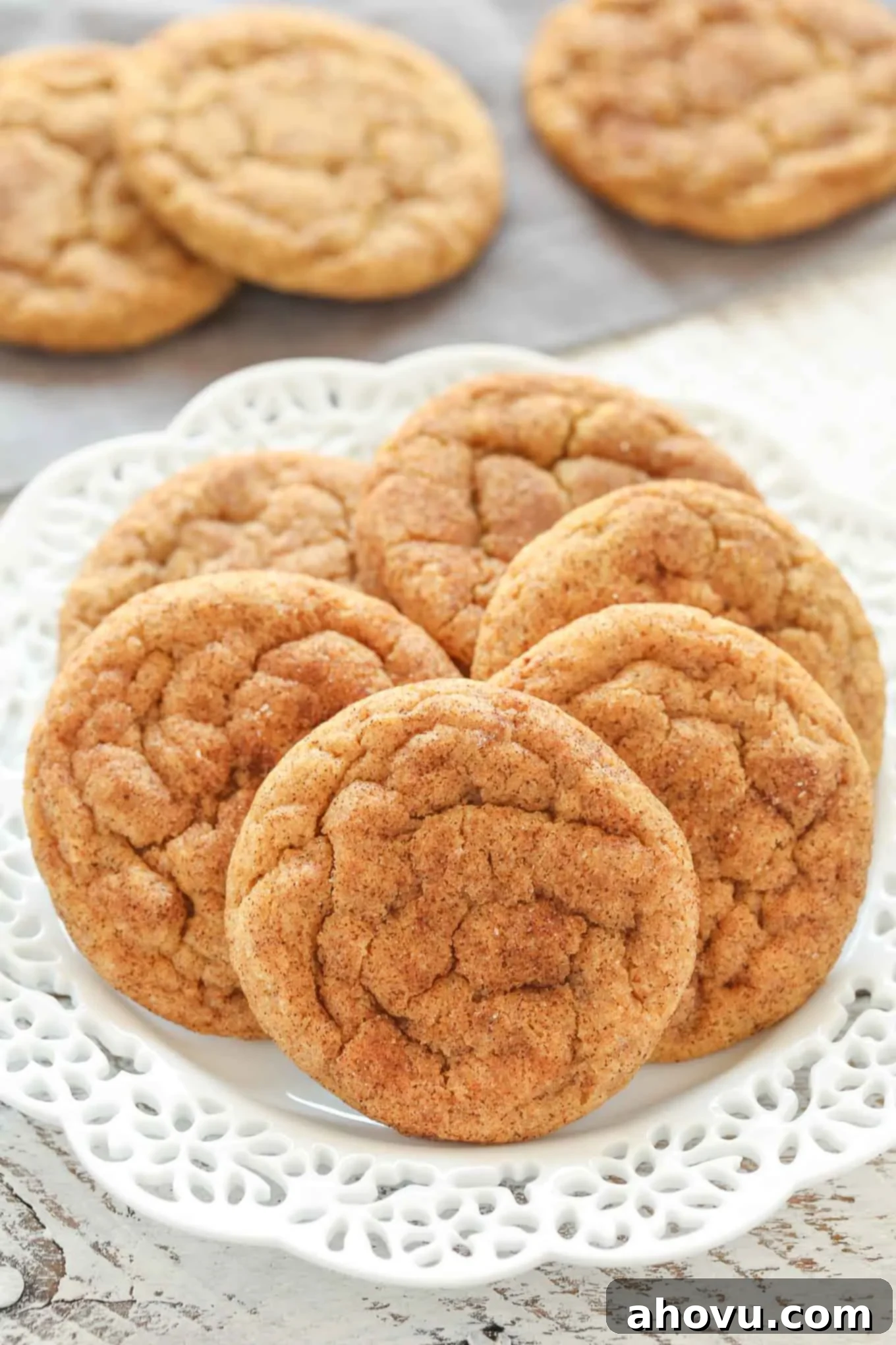 Spiced Pumpkin Snickerdoodles 10 A pristine white plate holding six perfectly baked, soft, and chewy pumpkin snickerdoodles, each glistening with a cinnamon-sugar crust. Three more cookies are blurred in the background, suggesting an abundance of this delicious fall treat.