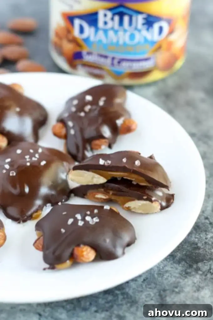 Luscious Salted Caramel Almond Turtles, featuring crunchy almonds coated in rich caramel and smooth chocolate, sprinkled with sea salt.