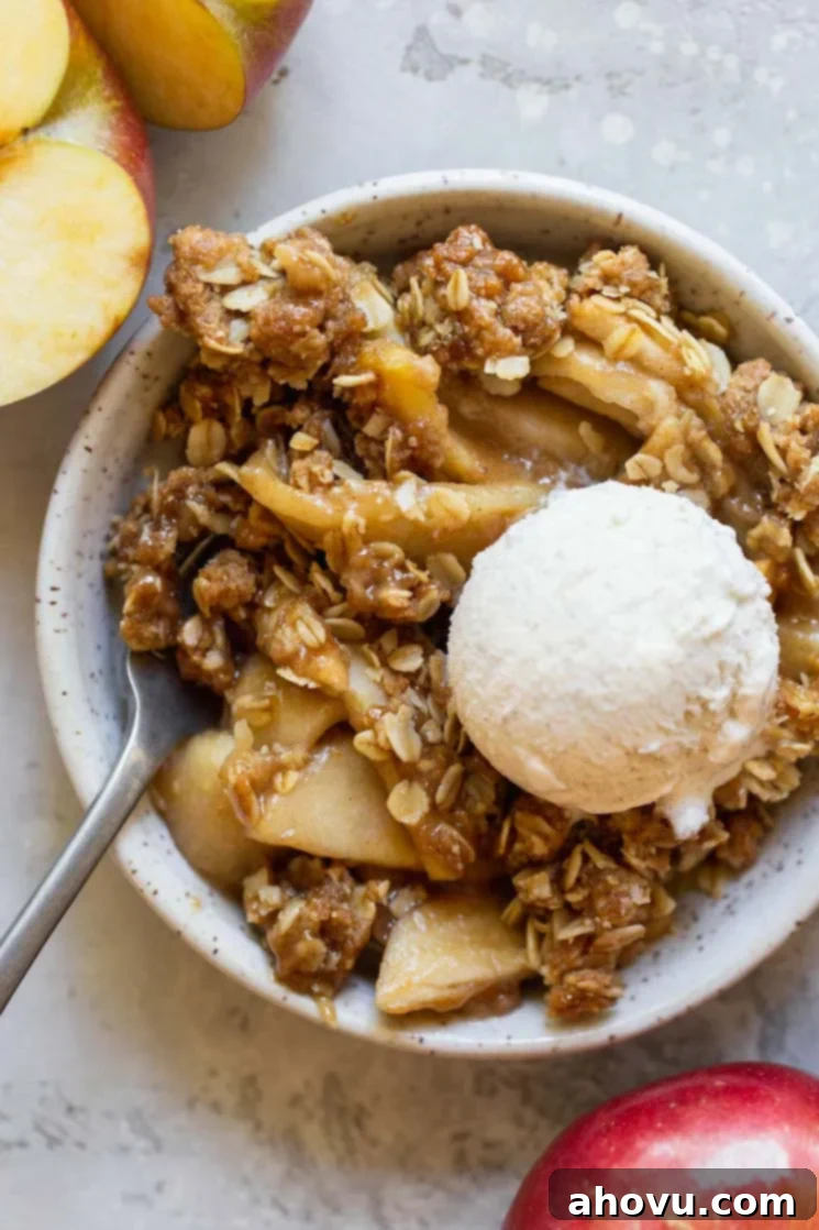 Perfect Apple Crisp 5 An individual serving of apple crisp in a small bowl topped with a scoop of vanilla ice cream.