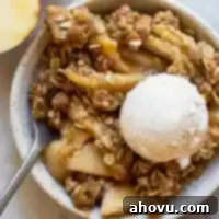 Perfect Apple Crisp 6 An individual serving of apple crisp in a small bowl topped with a scoop of ice cream.
