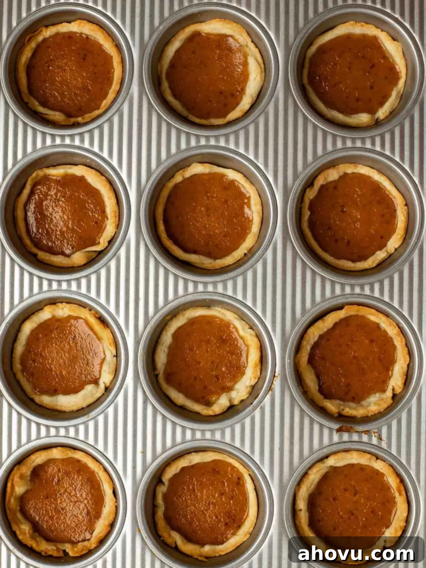 An overhead view of baked mini pumpkin pies in a muffin pan.