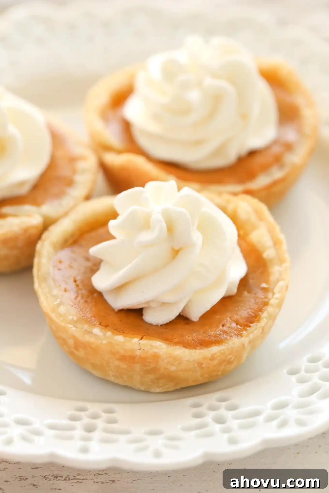 A side view of three mini pumpkin pies topped with whipped cream.