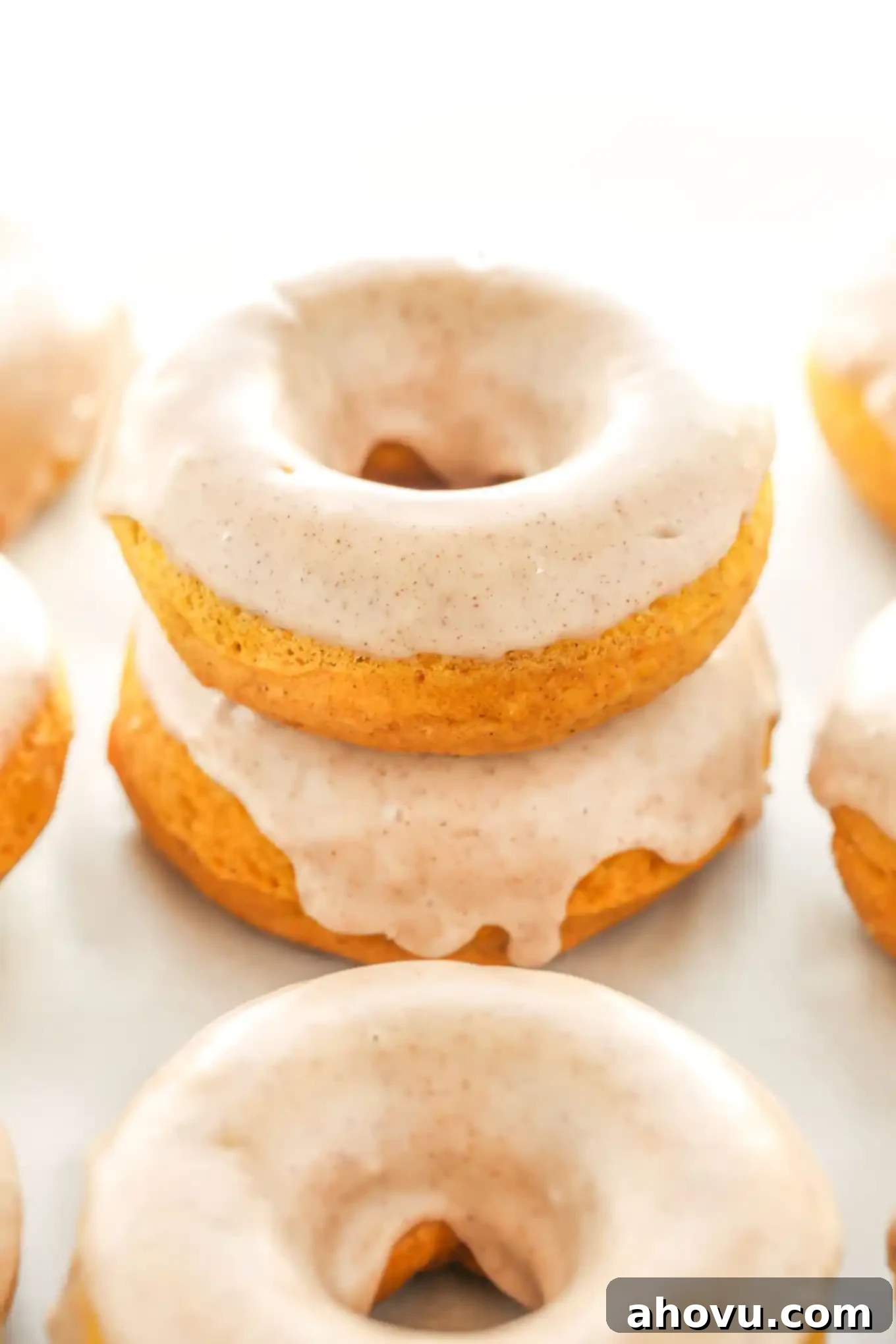 A stack of two pumpkin donuts. Additional donuts surround the stack. 