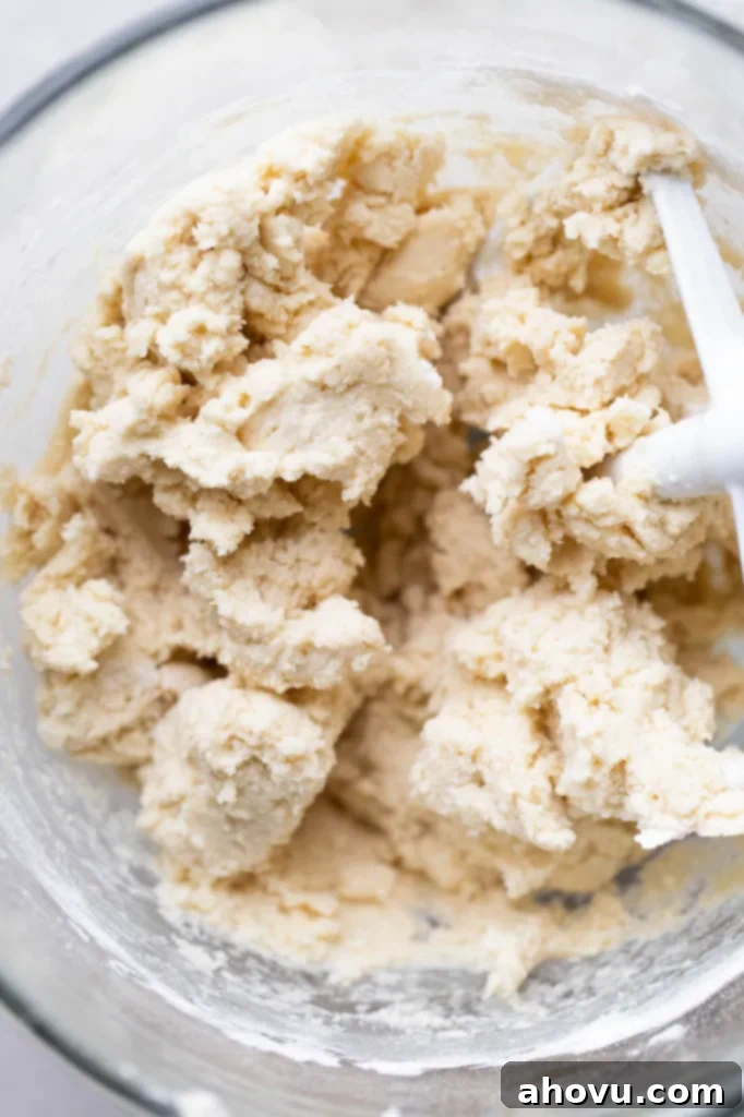 Perfect Cut Out Sugar Cookies 4 A clean glass mixing bowl now holds the fully mixed, cohesive cookie dough, ready for rolling.