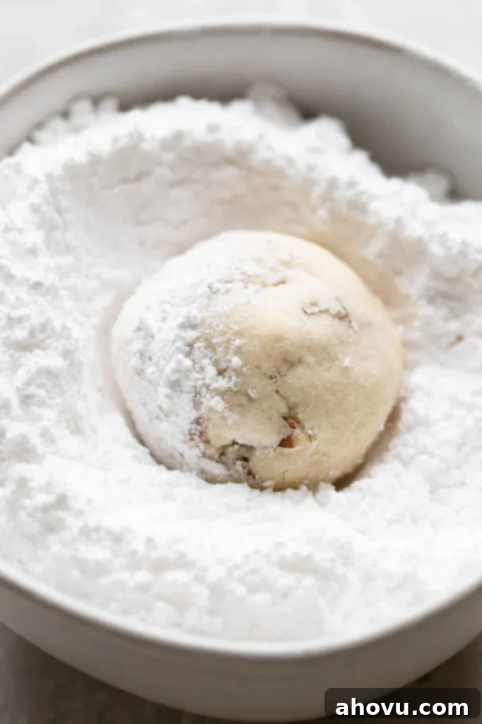 Easy Snowball Cookies Video 4 A perfectly baked snowball cookie, still warm, being delicately rolled in a bowl of powdered sugar, ensuring every surface is coated for that classic 'snowy' finish.