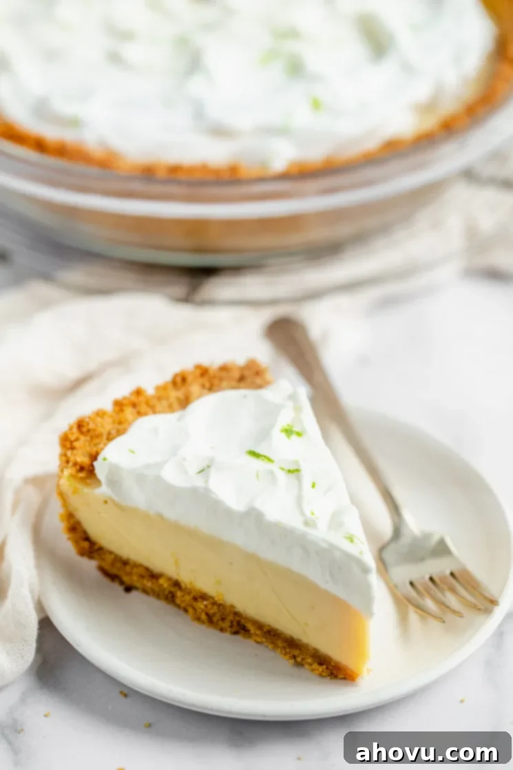 Perfect Homemade Graham Cracker Crust 7 A delicious slice of key lime pie with a perfect graham cracker crust on a white plate, with the full pie in the background.
