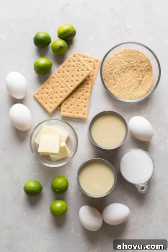 An overhead view of the ingredients needed to make homemade key lime pie. 