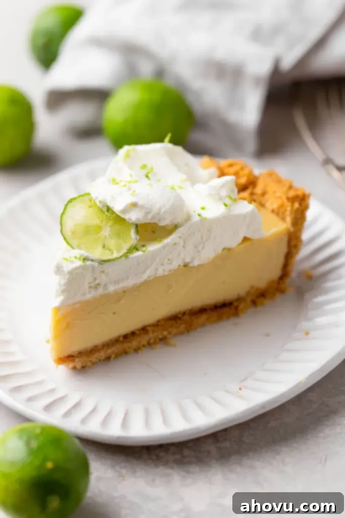 A slice of key lime pie on a white dessert plate. Key limes are scattered in the background. 