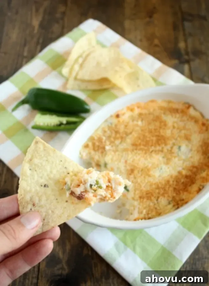 A crisp tortilla chip laden with a generous scoop of the creamy, cheesy jalapeño popper dip with bacon is held aloft, ready to be enjoyed.