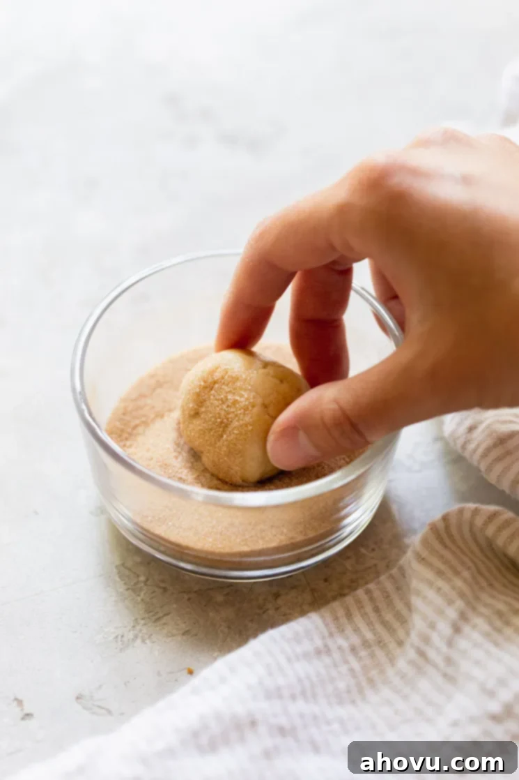 Ultimate Soft and Chewy Snickerdoodles 5 A perfectly portioned ball of snickerdoodle cookie dough being rolled generously in a mixture of cinnamon and sugar.