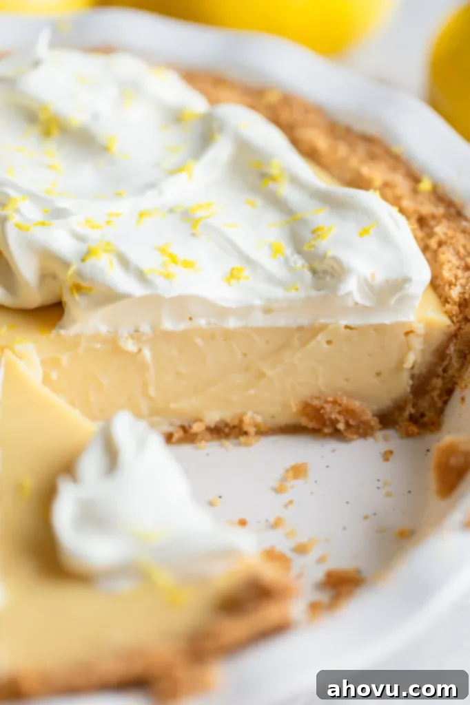 Golden Citrus Dream 5 The finished lemon pie with one slice removed to show the texture of the lemon filling.