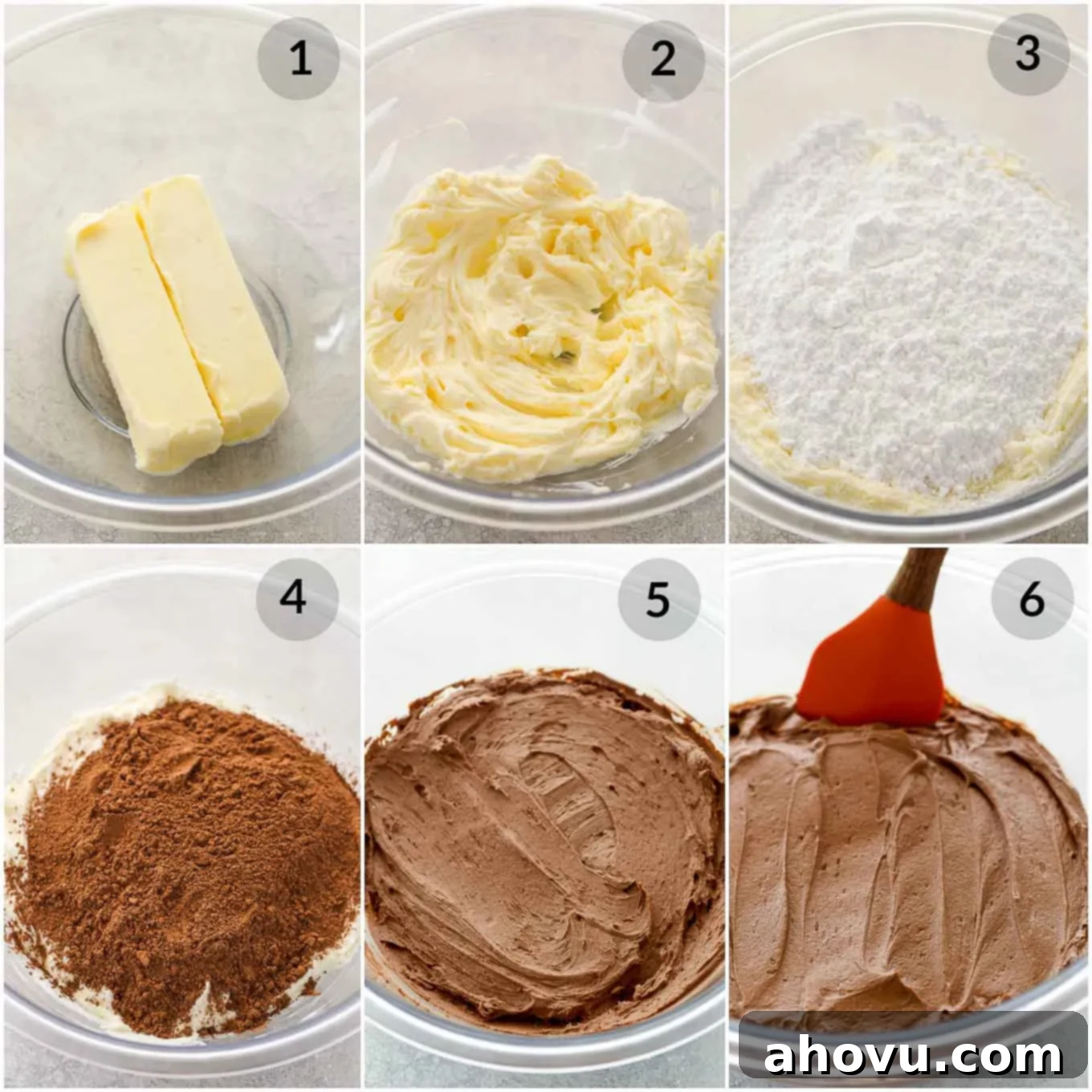 Decadent Chocolate Buttercream 3 A step by step photo collage demonstrating the process of making luscious chocolate buttercream frosting, showing key mixing stages.