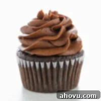 Decadent Chocolate Buttercream 6 A single chocolate cupcake topped with a swirl of chocolate buttercream frosting, highlighting its rich color and smooth texture.