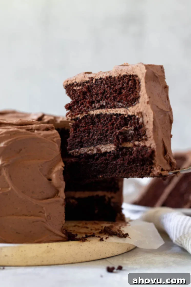 A single piece of a layered chocolate cake being removed showing the different layers. 