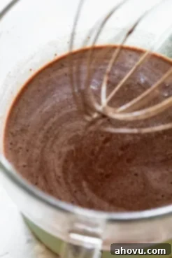 All of the ingredients needed for chocolate cake mixed together.