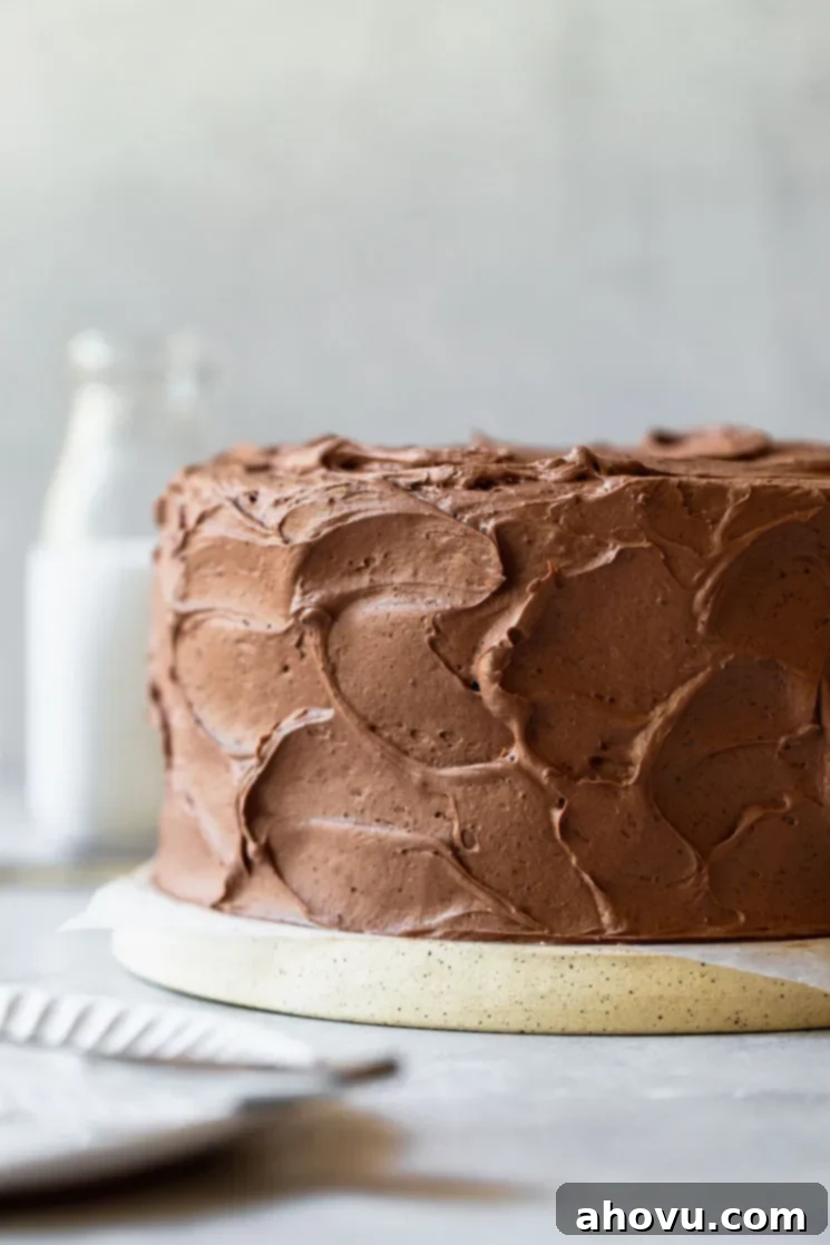 A chocolate cake decorated with chocolate icing on a cake stand. 