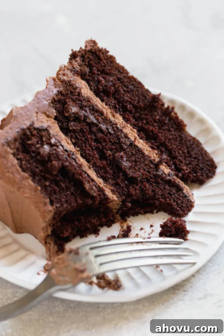 A single piece of layered chocolate cake on a plate with a bite taken out of it.