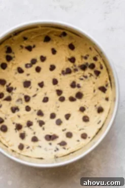 Cookie cake batter pressed into the bottom of a springform pan, ready for baking.