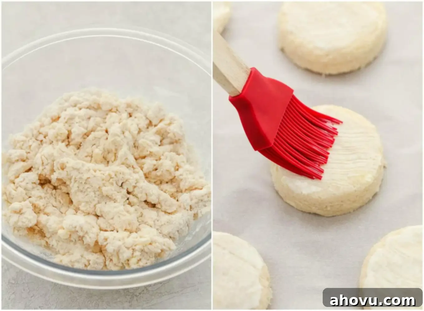 A collage image showcasing the process of making shortcake biscuits: first, the mixed dough in a bowl, and second, the dough cut into perfect circles and brushed with half and half, ready for baking.