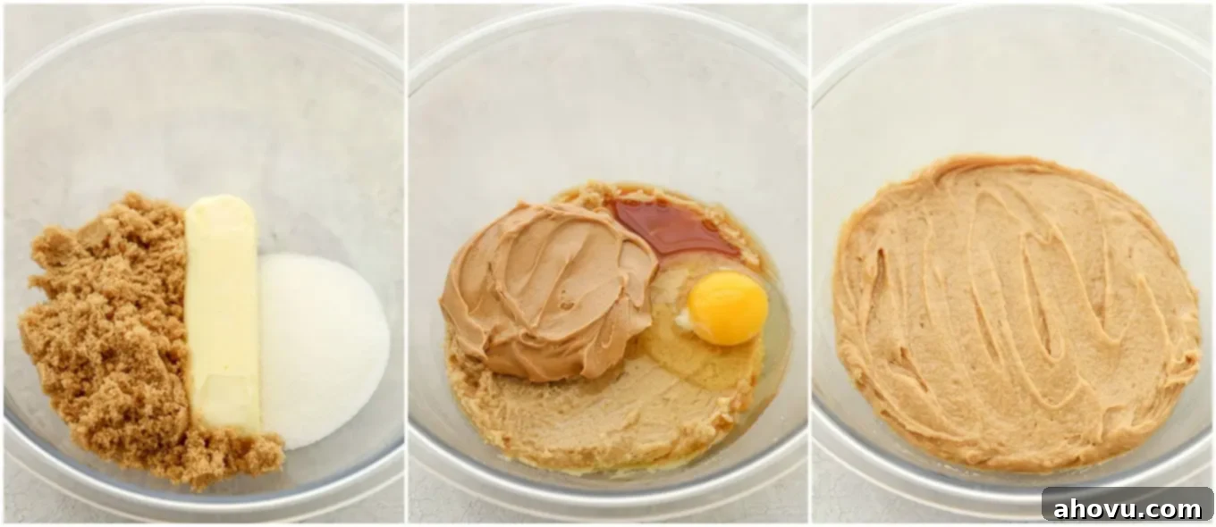 Dreamy Soft Peanut Butter Oatmeal Chocolate Chip Cookies 4 A step-by-step collage showing how to perfectly mix the wet ingredients together for a smooth and well-combined cookie dough.