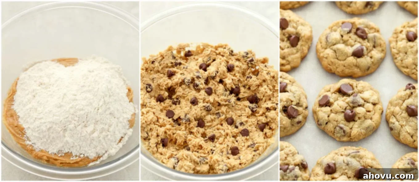 Dreamy Soft Peanut Butter Oatmeal Chocolate Chip Cookies 5 A detailed collage showing the fully mixed peanut butter oatmeal chocolate chip cookie dough ready for baking, alongside the perfectly golden, freshly baked cookies.